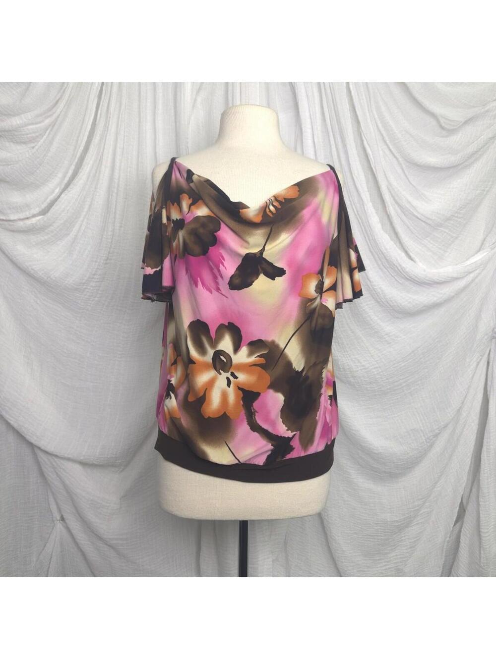 Vintage Y2k Indie Fairy Floral Pink Brown Cold Shoulder Top (XL)